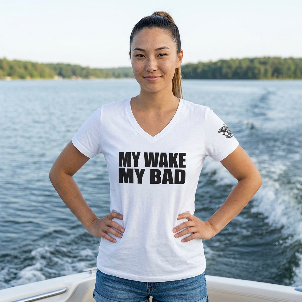 My Wake My Bad V-Neck Tee — Funny Women's Graphic Shirt