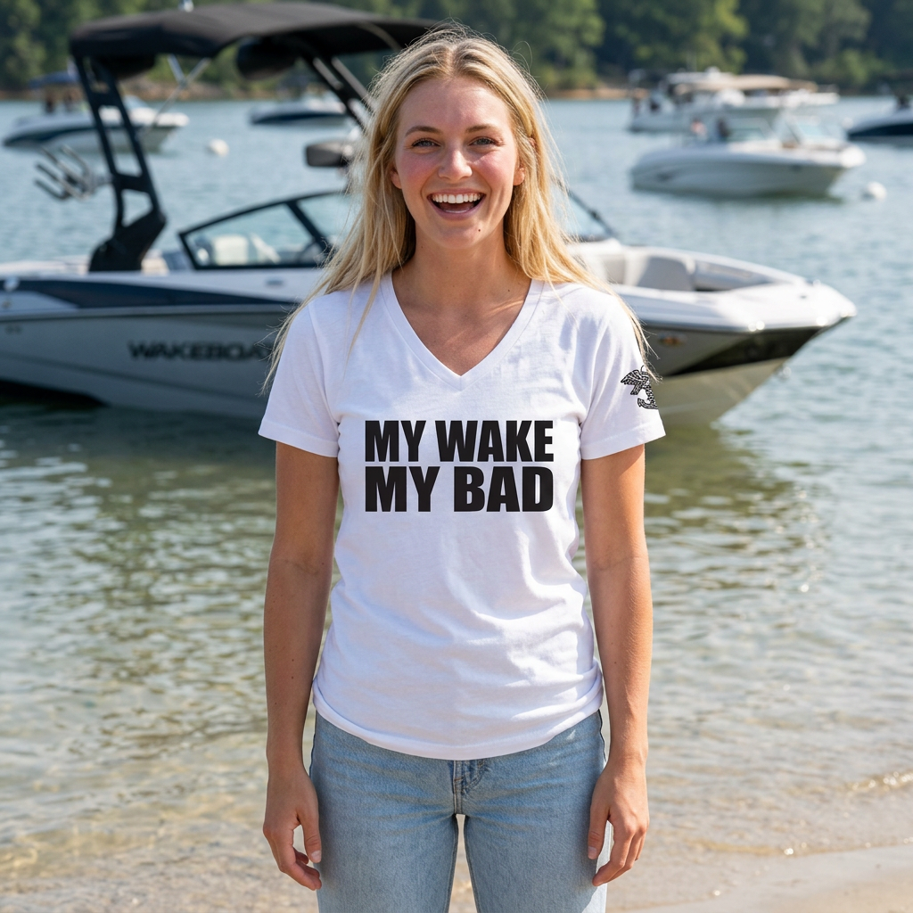 My Wake My Bad V-Neck Tee — Funny Women's Graphic Shirt